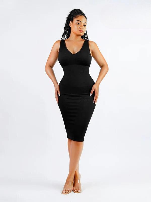 CurvyPower | UK Bodycon Black / XS/S Deep V Neck Bodycon Shaping Midi Dress with Removable Pads