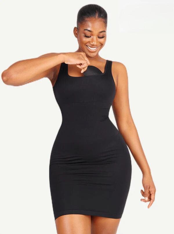 CurvyPower | UK Bodycon Black / XS/S Square Neck Midi Dress Shapewear Bodycon With Removable Pads