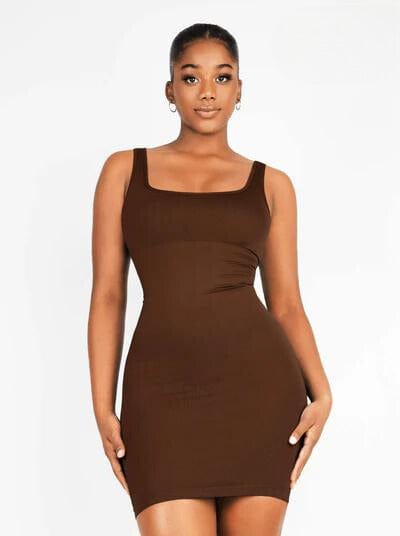 CurvyPower | UK Bodycon Dark Brown / XS/S Square Neck Midi Dress Shapewear Bodycon With Removable Pads