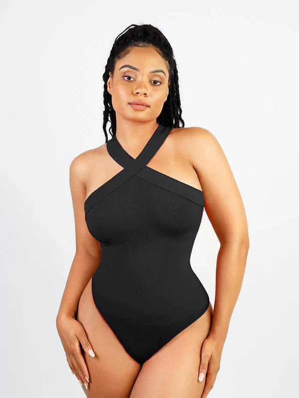 CurvyPower | UK bodysuit Black / XS/S Halter Neck Criss-Cross Seamless Shaper Bodysuit