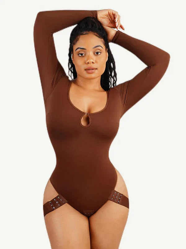CurvyPower | UK bodysuit Brown / S Long Sleeve Scoop Neck Shaping Thong Bodysuit