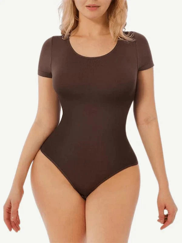 CurvyPower | UK bodysuit Dark Brown / XS/S Short Sleeve Round Neck One Piece Thong Shapewear Bodysuit