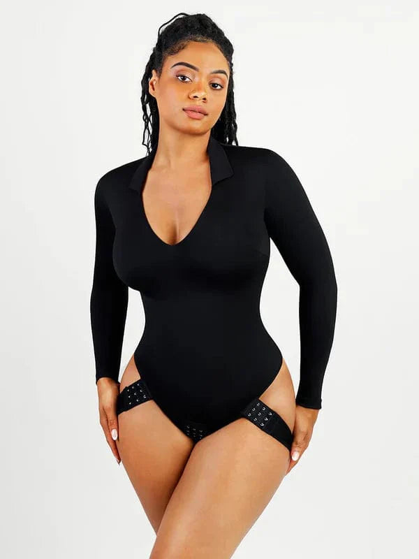 CurvyPower | UK bodysuit Deep V Neck Long Sleeve Shapewear Thong Bodysuit