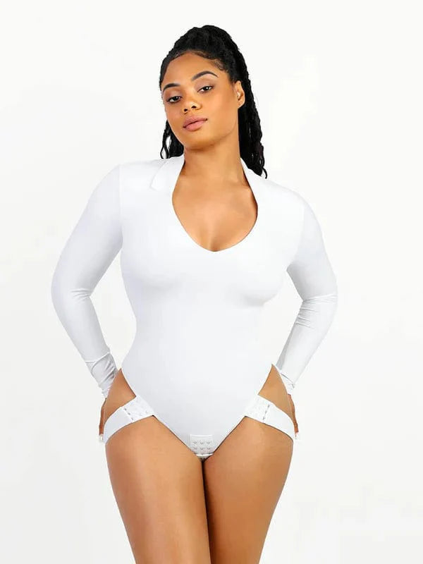 CurvyPower | UK bodysuit Deep V Neck Long Sleeve Shapewear Thong Bodysuit