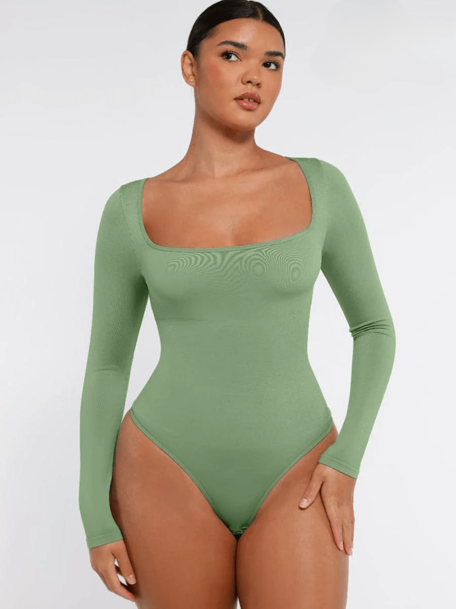 CurvyPower | UK bodysuit Green / XS/S Square Neck Tummy Control Long Sleeve Shapewear Bodysuit