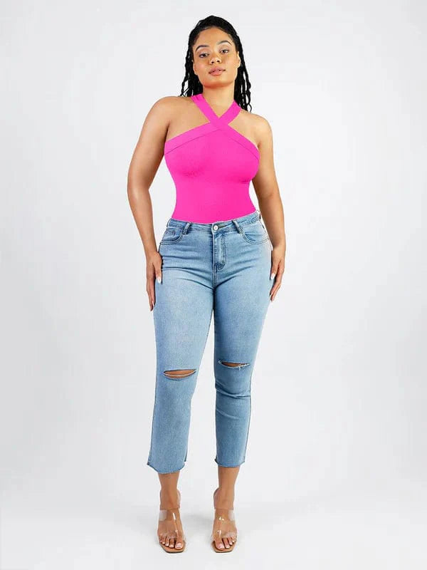 CurvyPower | UK bodysuit Halter Neck Criss-Cross Seamless Shaper Bodysuit