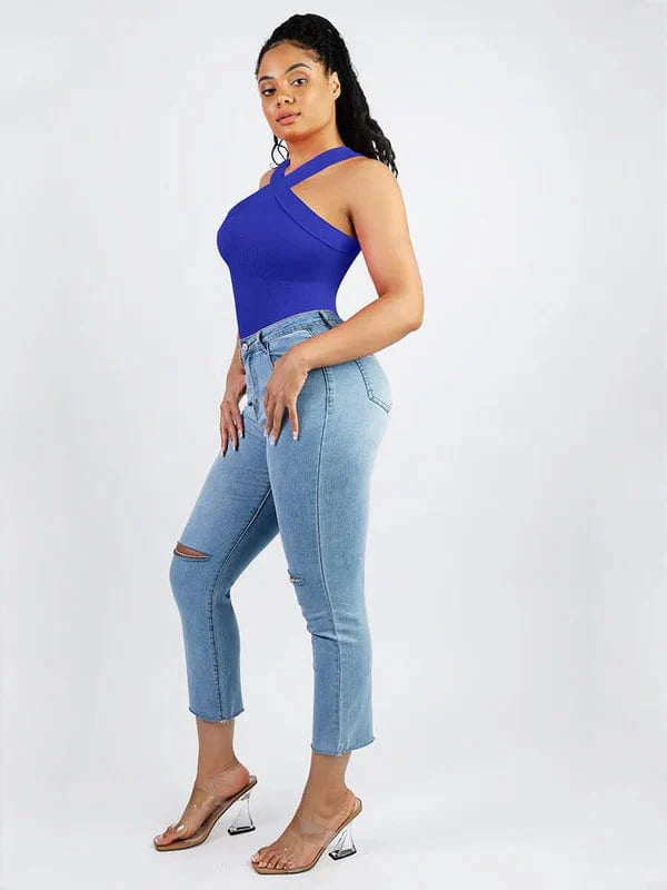 CurvyPower | UK bodysuit Halter Neck Criss-Cross Seamless Shaper Bodysuit