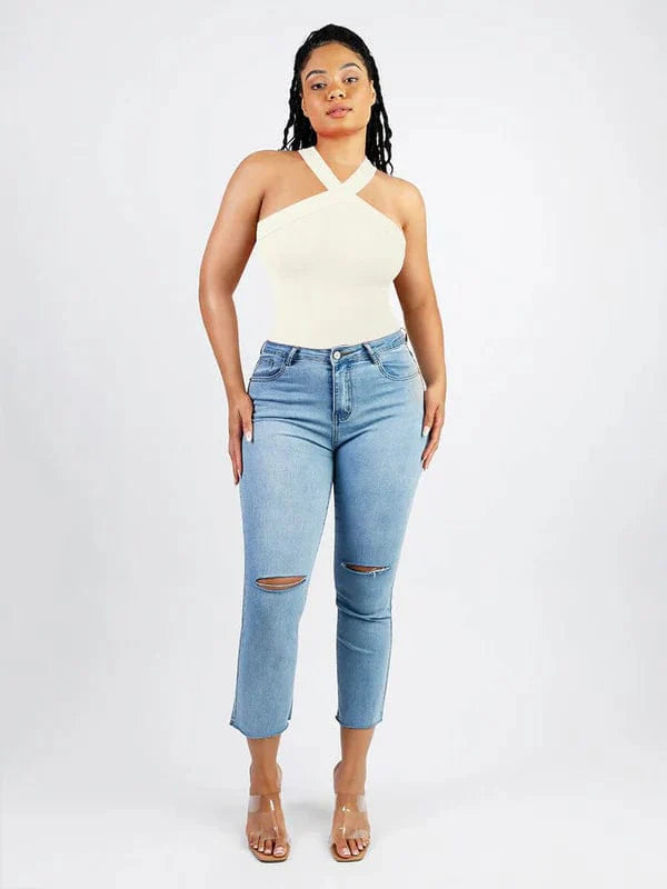 CurvyPower | UK bodysuit Halter Neck Criss-Cross Seamless Shaper Bodysuit