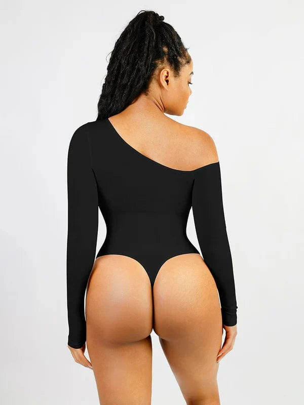 CurvyPower | UK bodysuit Long Sleeve and Diagonal Neck Compression Shapewear Thong Bodysuit