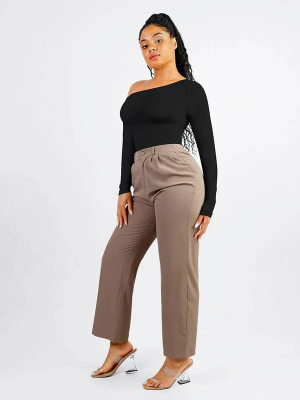 CurvyPower | UK bodysuit Long Sleeve and Diagonal Neck Compression Shapewear Thong Bodysuit