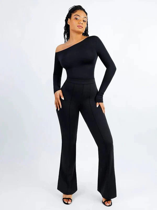 CurvyPower | UK bodysuit Long Sleeve and Diagonal Neck Compression Shapewear Thong Bodysuit