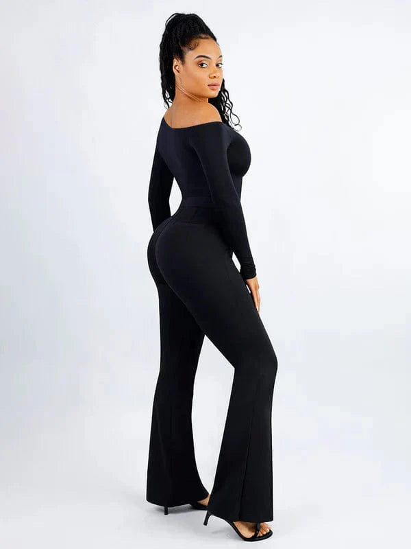 CurvyPower | UK bodysuit Long Sleeve and Diagonal Neck Compression Shapewear Thong Bodysuit