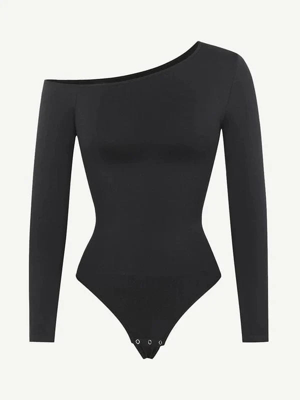 CurvyPower | UK bodysuit Long Sleeve and Diagonal Neck Compression Shapewear Thong Bodysuit