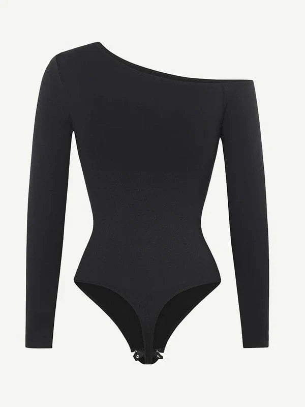 CurvyPower | UK bodysuit Long Sleeve and Diagonal Neck Compression Shapewear Thong Bodysuit