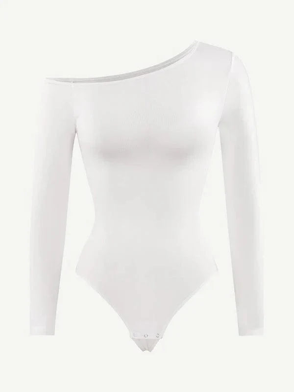 CurvyPower | UK bodysuit Long Sleeve and Diagonal Neck Compression Shapewear Thong Bodysuit