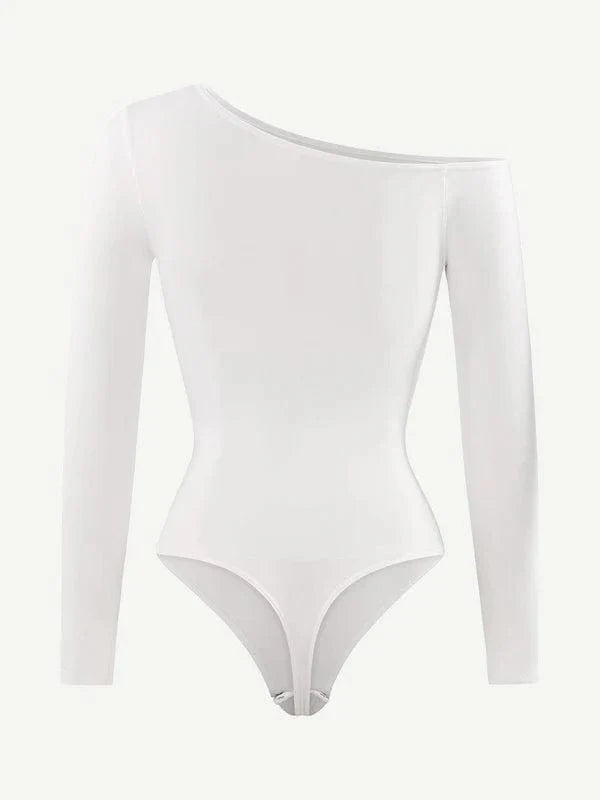 CurvyPower | UK bodysuit Long Sleeve and Diagonal Neck Compression Shapewear Thong Bodysuit