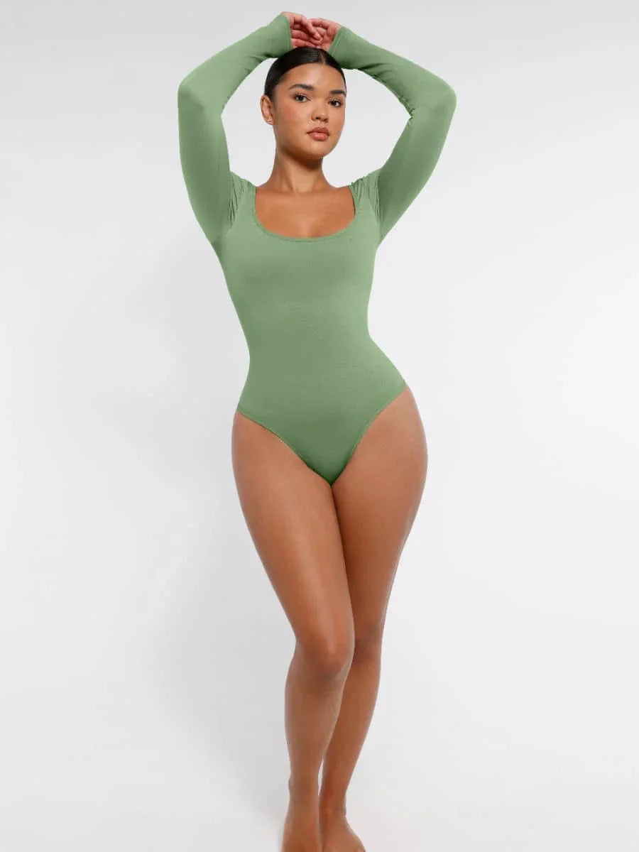CurvyPower | UK bodysuit Square Neck Tummy Control Long Sleeve Shapewear Bodysuit