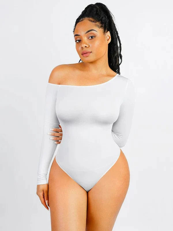 CurvyPower | UK bodysuit White / XS/S Long Sleeve and Diagonal Neck Compression Shapewear Thong Bodysuit