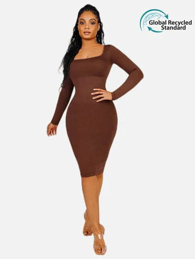 CurvyPower | UK Maxi Dress Dark Brown / XS/S Long Sleeve Tummy Control Bodycon Maxi Dress