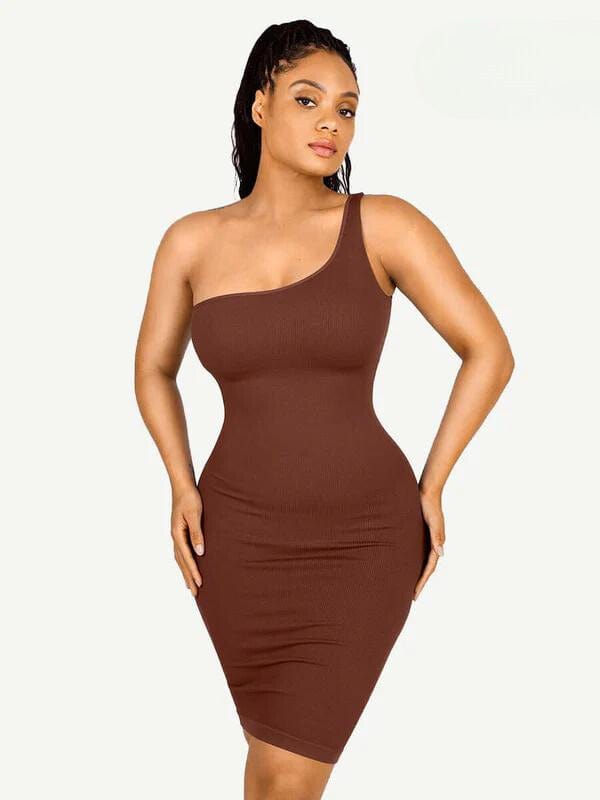 CurvyPower | UK Midi Dress Dark Brown / XS/S Midi Dress One-Shoulder and Waist Cinching Shapewear