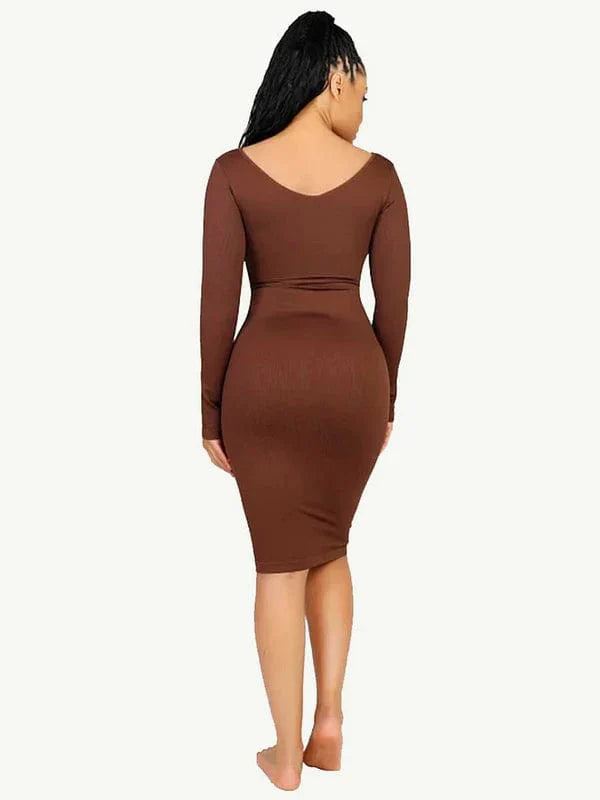 CurvyPower | UK Midi Dress Long Sleeve V Neck Bodycon Waist Cinching Shaper Midi Dress