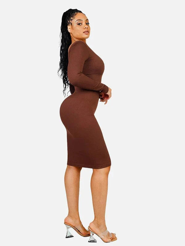 CurvyPower | UK Midi Dress Long Sleeve V Neck Bodycon Waist Cinching Shaper Midi Dress