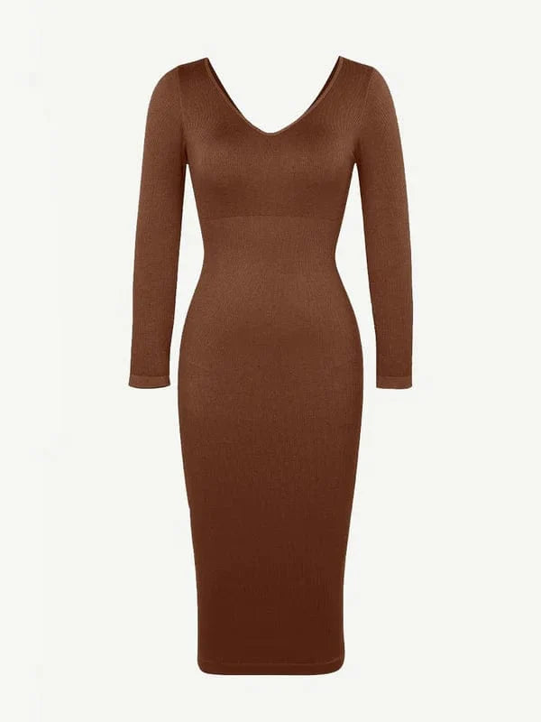 CurvyPower | UK Midi Dress Long Sleeve V Neck Bodycon Waist Cinching Shaper Midi Dress