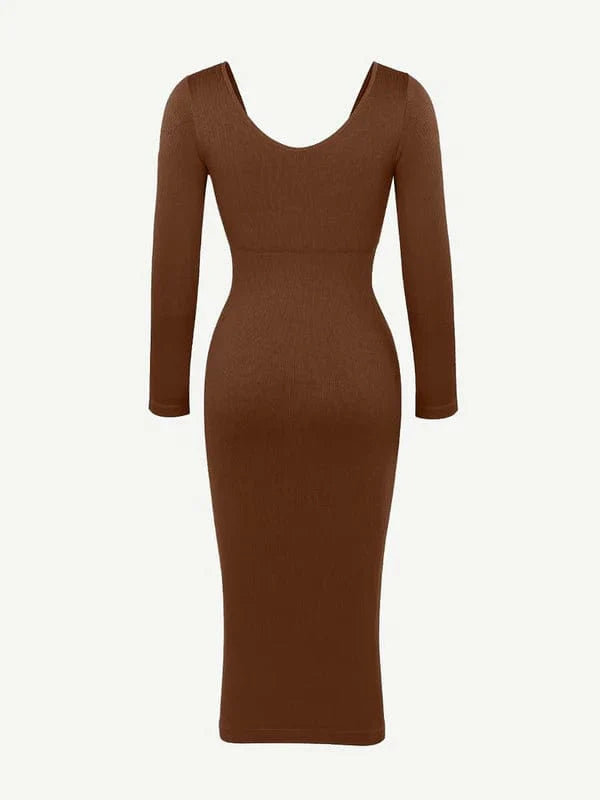CurvyPower | UK Midi Dress Long Sleeve V Neck Bodycon Waist Cinching Shaper Midi Dress
