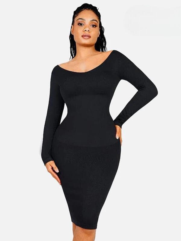 CurvyPower | UK Midi Dress Long Sleeve V Neck Bodycon Waist Cinching Shaper Midi Dress
