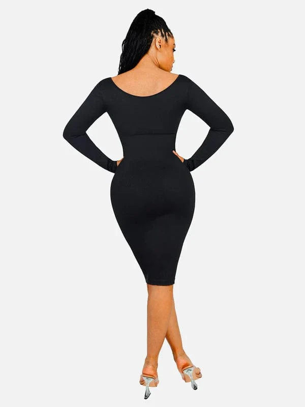 CurvyPower | UK Midi Dress Long Sleeve V Neck Bodycon Waist Cinching Shaper Midi Dress