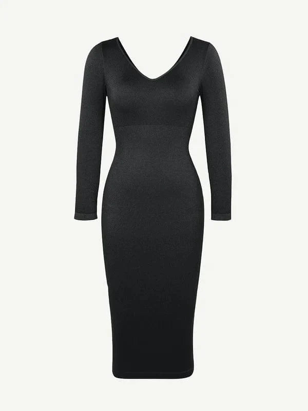 CurvyPower | UK Midi Dress Long Sleeve V Neck Bodycon Waist Cinching Shaper Midi Dress