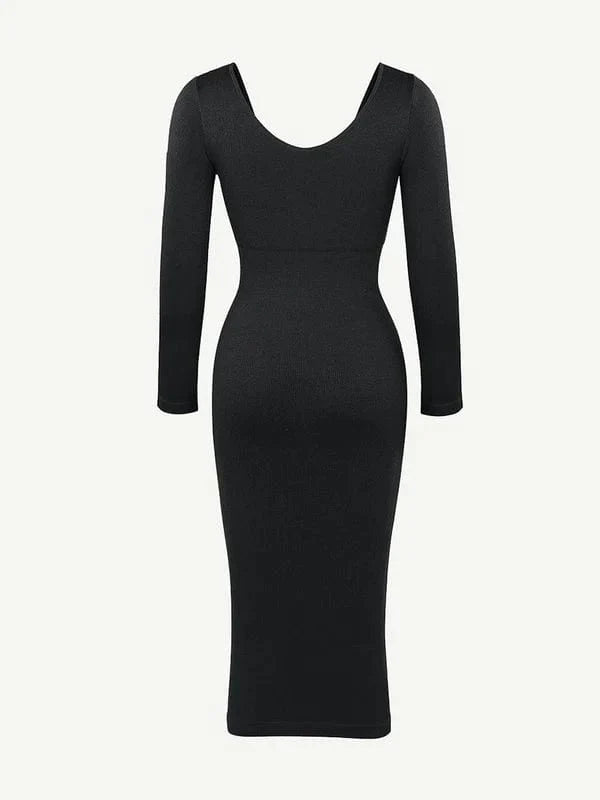 CurvyPower | UK Midi Dress Long Sleeve V Neck Bodycon Waist Cinching Shaper Midi Dress