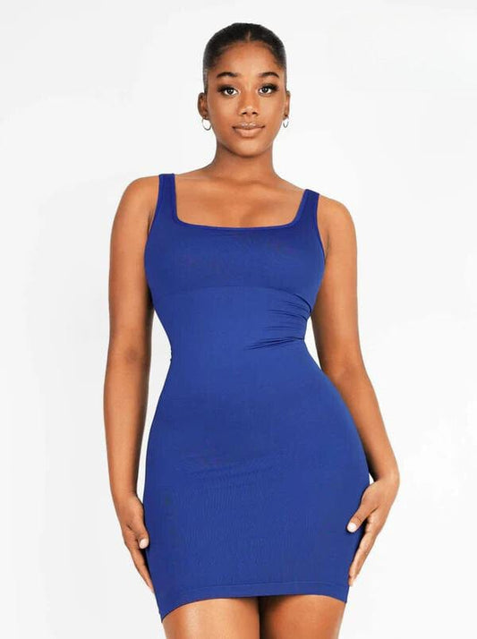 CurvyPower | UK Bodycon Dark Blue / XS/S Square Neck Midi Dress Shapewear Bodycon With Removable Pads