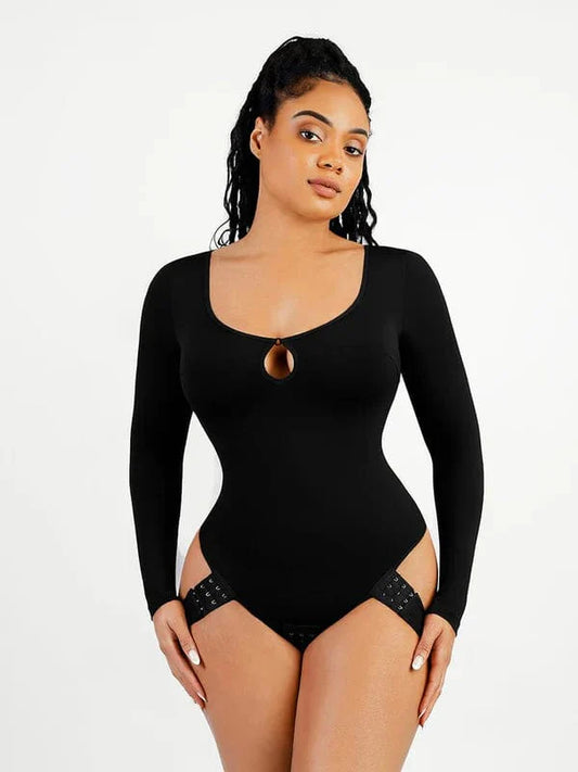 CurvyPower | UK bodysuit Black / S Long Sleeve Scoop Neck Shaping Thong Bodysuit