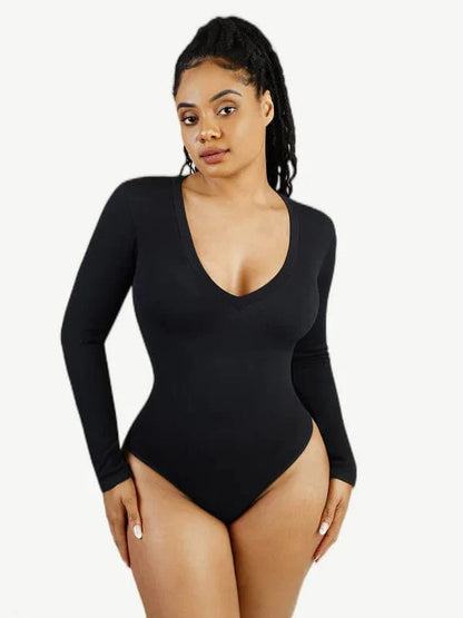 CurvyPower | UK bodysuit Black / XS/S Deep V Neck Waist Control Shapewear Thong Bodysuit