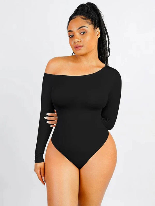 CurvyPower | UK bodysuit Black / XS/S Long Sleeve and Diagonal Neck Compression Shapewear Thong  Bodysuit