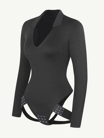 CurvyPower | UK bodysuit Deep V Neck Long Sleeve Shapewear Thong Bodysuit
