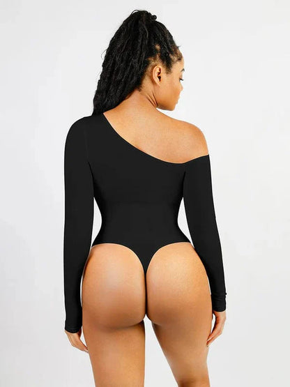 CurvyPower | UK bodysuit Long Sleeve and Diagonal Neck Compression Shapewear Thong  Bodysuit