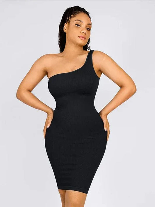 CurvyPower | UK Midi Dress Black / XS/S Summer One Shoulder Tight Bodycon Midi Dress With Built In Bra