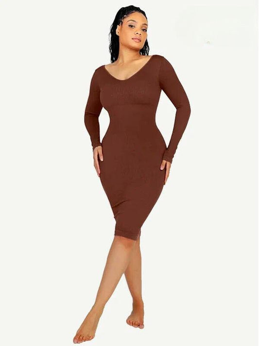 CurvyPower | UK Midi Dress Long Sleeve V Neck Bodycon Waist Cinching Shaper Midi Dress