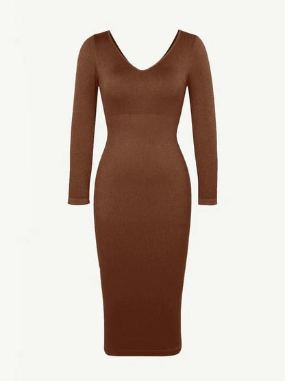 CurvyPower | UK Midi Dress Long Sleeve V Neck Bodycon Waist Cinching Shaper Midi Dress
