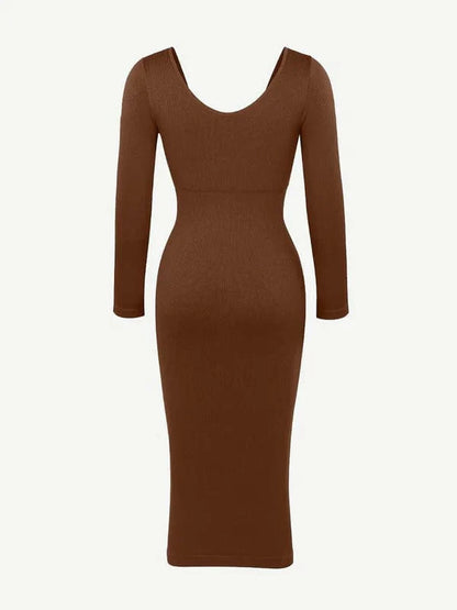 CurvyPower | UK Midi Dress Long Sleeve V Neck Bodycon Waist Cinching Shaper Midi Dress