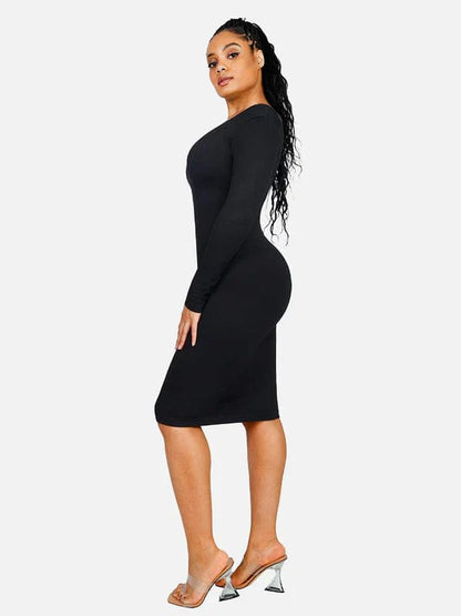 CurvyPower | UK Midi Dress Long Sleeve V Neck Bodycon Waist Cinching Shaper Midi Dress