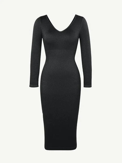 CurvyPower | UK Midi Dress Long Sleeve V Neck Bodycon Waist Cinching Shaper Midi Dress