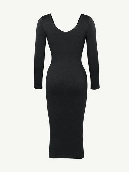 CurvyPower | UK Midi Dress Long Sleeve V Neck Bodycon Waist Cinching Shaper Midi Dress