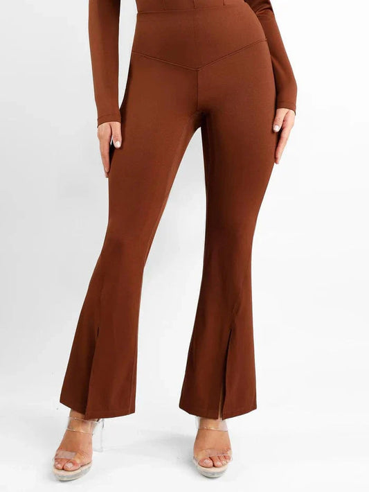 CurvyPower | UK Pants Dark Brown / S High Waist Flare Pants with Tummy Control and Split Hem Shapewear
